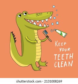 Cute Croccodile with toothbrush Cartoon Animal baby and children print design Vector Illustration.