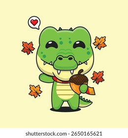 Crocodilo bonito com bolotas na estação de outono no dia de outono desenho animado vetor ilustração