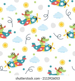 Cute crocodile with airplane cartoon illustration patterns