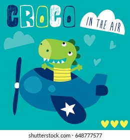 cute crocodile in airplane vector illustration