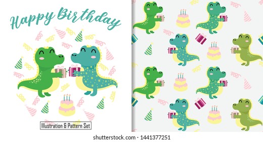 cute crocodile alligator animal seamless pattern with illustration card set