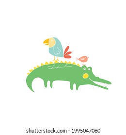 Cute Crocodile or Alligator and birds Cartoon Animal, baby and children print design Vector Illustration.