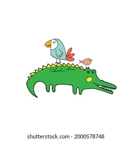 Cute Crocodile or Alligator and birds Cartoon Animal, baby and children print design Vector Illustration.