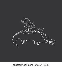 Cute Crocodile or Alligator and birds Cartoon Animal, baby and children print design Vector Illustration.