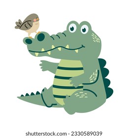 Cute crocodile or alligator and birds cartoon