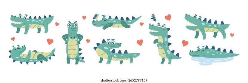 Crocodilo bonito. O jacaré desenhou diferentes ações. Réptil bebê selva, pose engraçada. Animal de zoológico com garatujas de verão. Decoração infantil personagem infantil, desenho mascote. Ilustração vetorial tidy conjunto isolado