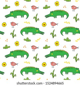 Cute Crocodile or Alligator with little bird Seamless Pattern, Cartoon Hand Drawn Animal Doodles Vector Illustration background .