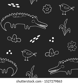 Cute Crocodile or Alligator with little bird Seamless Pattern, Cartoon Hand Drawn Animal Doodles Vector Illustration background .