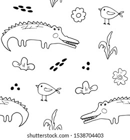 Cute Crocodile or Alligator with little bird Seamless Pattern, Cartoon Hand Drawn Animal Doodles Vector Illustration background .