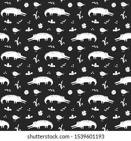 Cute Crocodile or Alligator with little bird Seamless Pattern, Cartoon Hand Drawn Animal Doodles Vector Illustration background .