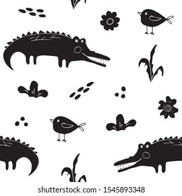 Cute Crocodile or Alligator with little bird Seamless Pattern, Cartoon Hand Drawn Animal Doodles Vector Illustration background .
