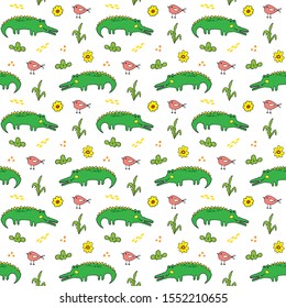 Cute Crocodile or Alligator with little bird Seamless Pattern, Cartoon Hand Drawn Animal Doodles Vector Illustration background .