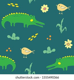 Cute Crocodile or Alligator with little bird Seamless Pattern, Cartoon Hand Drawn Animal Doodles Vector Illustration background .