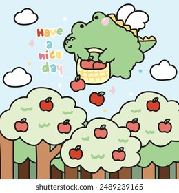 Cute crocodile angels flying hold apple basket with have a nice day text on sky background.Fruit.Reptile animal character cartoon design.Image for card,poster,sticker.Baby product.Kawaii.Vector.