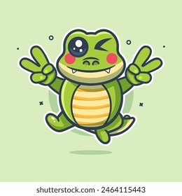 cute crocodile animal character mascot with peace sign hand gesture isolated cartoon 