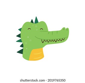 Cute crocodile. Animal kawaii character. Funny little croc face. Vector hand drawn illustration isolated on white background.