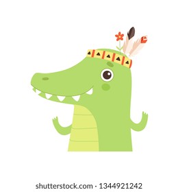 Cute Crocodile Animal Wearing Indian Traditional Tribal Headdress with Feathers Vector Illustration