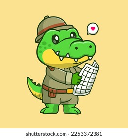 Cute Crocodile Archeolog Holding Map Cartoon Vector Icon Illustration. Animal Holiday Icon Concept Isolated Premium Vector. Flat Cartoon Style