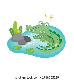 Cute crocodile and baby in the lake. 
