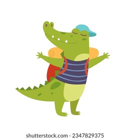 Cute crocodile with backpack vector illustration. Cartoon isolated happy green baby alligator with raised paws open ready for summer adventure, freedom and travel, little wild animal standing