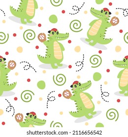 Cute crocodile baseball cartoon pattern background