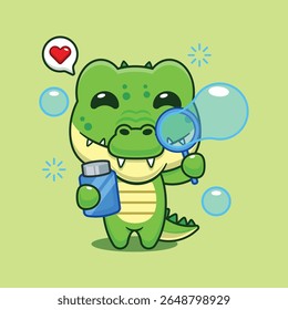 Cute crocodile blowing bubbles cartoon vector illustration