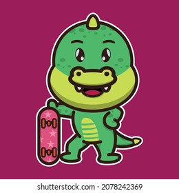 Cute crocodile bring a skate board. Cute animal cartoon illustration.