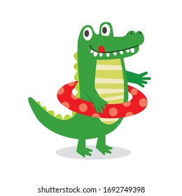 Cute crocodile bring swimming buoys on white background