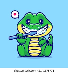 Cute Crocodile Brushing Teeth Cartoon Vector Icon Illustration. Animal Healthy Icon Concept Isolated Premium Vector. Flat Cartoon Style