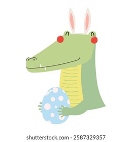 Cute crocodile with bunny ears, holding Easter egg character illustration. Hand drawn flat style design, isolated vector. Holiday clip art, kids print element, seasonal card, banner, poster