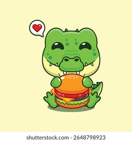 Cute crocodile with burger cartoon vector illustration