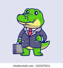 Cute Crocodile Business Holding Suitcase Cartoon Vector Icon Illustration. Animal Business Icon Concept Isolated Premium Vector. Flat Cartoon Style