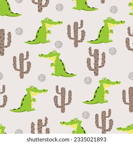 Cute crocodile and cactus pattern. Vector background with cartoon alligators