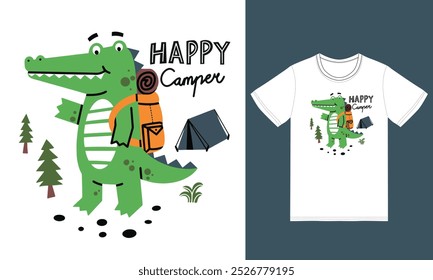 Cute crocodile camping illustration with tshirt design premium vector the Concept of Isolated Technology. Flat Cartoon Style Suitable for Landing Web Pages,T shirt, Flyers, Stickers