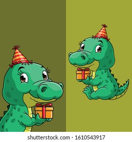 Cute crocodile carrying a gift box in birthday, with different display angle position, Hand drawn