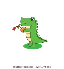 cute crocodile cartoon, cute crocodile carrying flowers vector illustration