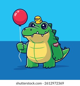Cute Crocodile Cartoon Character with Balloon and Duck – Funny Vector Illustration