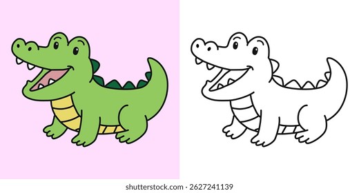Cute crocodile cartoon character coloring page vector illustration