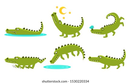 Cute Crocodile Cartoon Character In Different Poses Set, Funny Amphibian Animal with Different Emotions Vector Illustration