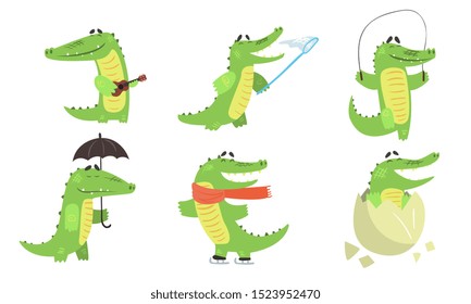 Cute Crocodile Cartoon Character Set, Funny Humanized Reptile Alligator Animal Different Activities Vector Illustration