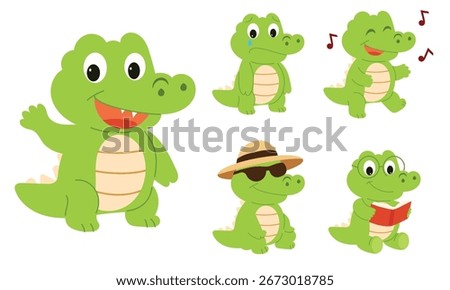 Cute Crocodile Cartoon Characters with Different Emotions and Activities