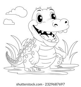 Cute crocodile cartoon coloring page illustration vector. For kids coloring book with alligator blak outlain