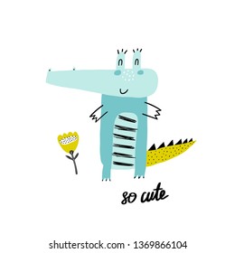 Cute crocodile. Cartoon creative alligator vector illustration in scandinavian style. Vector Illustration. Can be used print print for t-shirts, home decor, posters, cards.