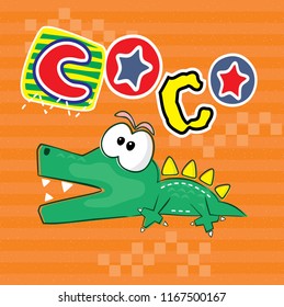 cute crocodile cartoon on orange striped background illustration vector