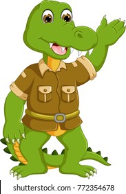 cute crocodile cartoon standing with smile and waving