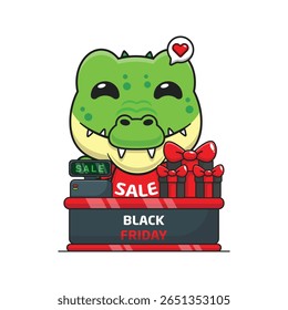 crocodilo bonito com mesa de caixa na sexta-feira preta venda desenho animado vetor ilustração