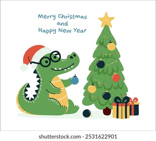 A cute crocodile celebrates Christmas near a decorated tree and gifts.