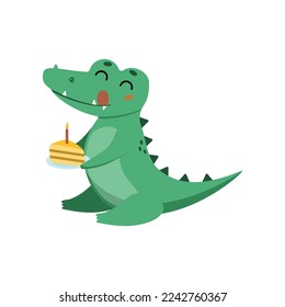 Cute crocodile celebrating birthday cartoon illustration. Funny alligator with cake. Jungle, predator animal concept