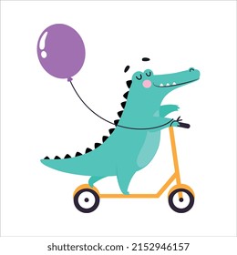 Cute Crocodile Character with Balloon Riding Kick Scooter Vector Illustration