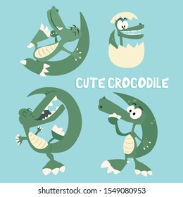 Cute crocodile character in different positions.